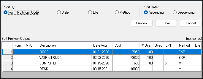 Image of Sort window